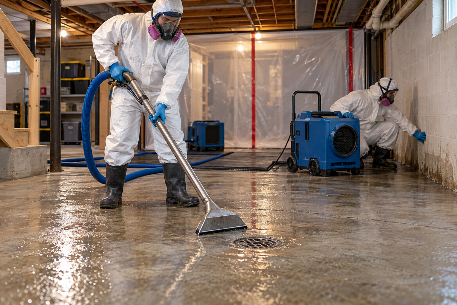 Restoration technicians containing and extracting a basement sewage backup after heavy rain in Southern Indiana.