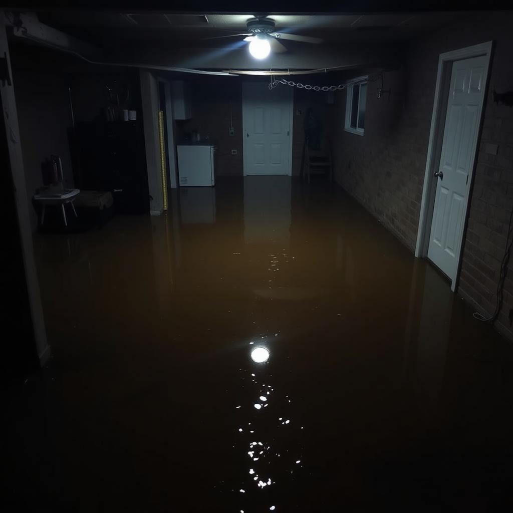 Flooded basement at night