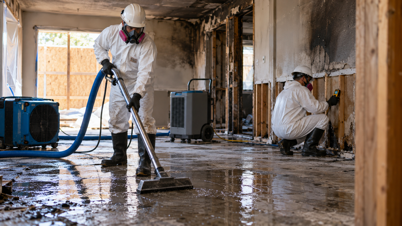 Restoration technicians extract firefighting water and inspect moisture inside a fire-damaged Southern Indiana home.